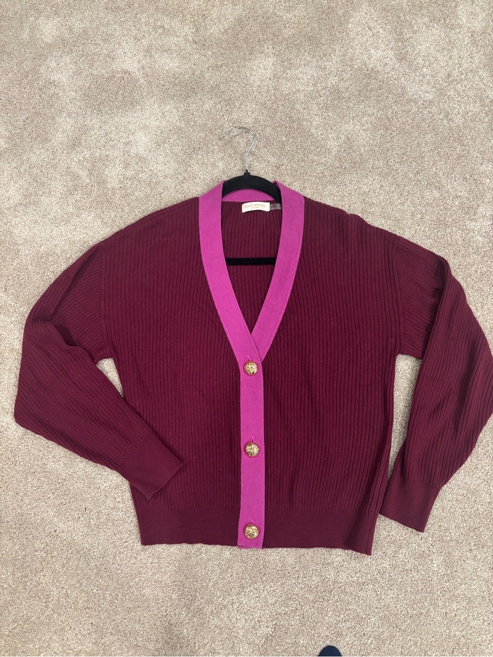 Ramy Brook Burgundy Ribbed Cardigan with Pink Trim